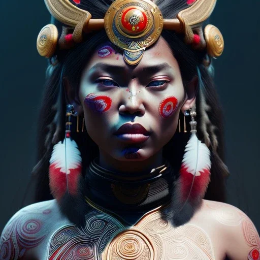 Maori woman, rounded face, blood, black, flower, leaves, samurai helmet, decorative color feathers, retro, bamboo, leather, soft color, highly detailed, art stations, concept art, smooth, unreal engine 5, god rays, ray tracing, RTX, lumen lighting, ultra detail, volumetric lighting, 3d, finely drawn, high definition, high resolution.