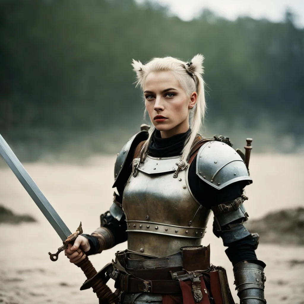[very impressive high res masterpiece in Kodak Eastman 5247, scene by László Krasznahorkai] Tank Girl with a two handed sword and an armor.