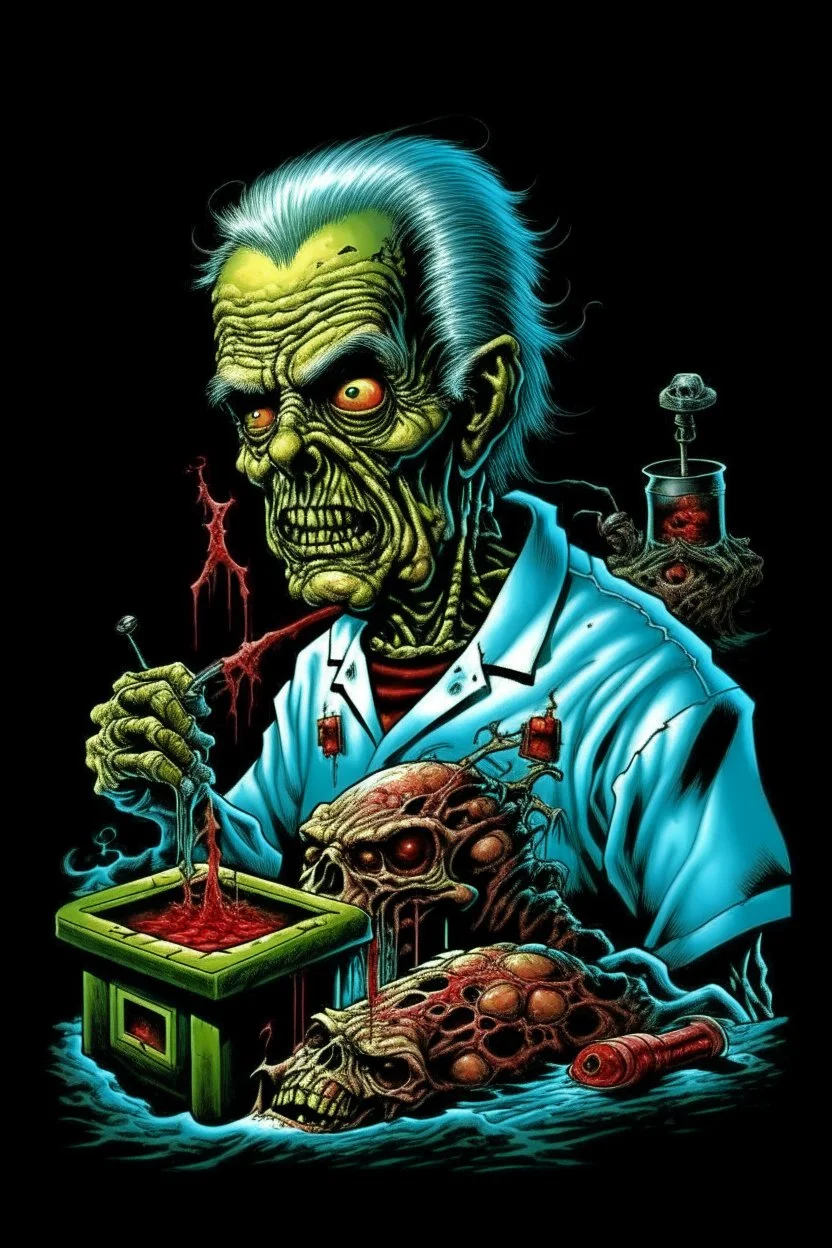 Science experiment Horror surgeon by Richard Corben, Todd Schorr, T-Shirt Design, Black Background