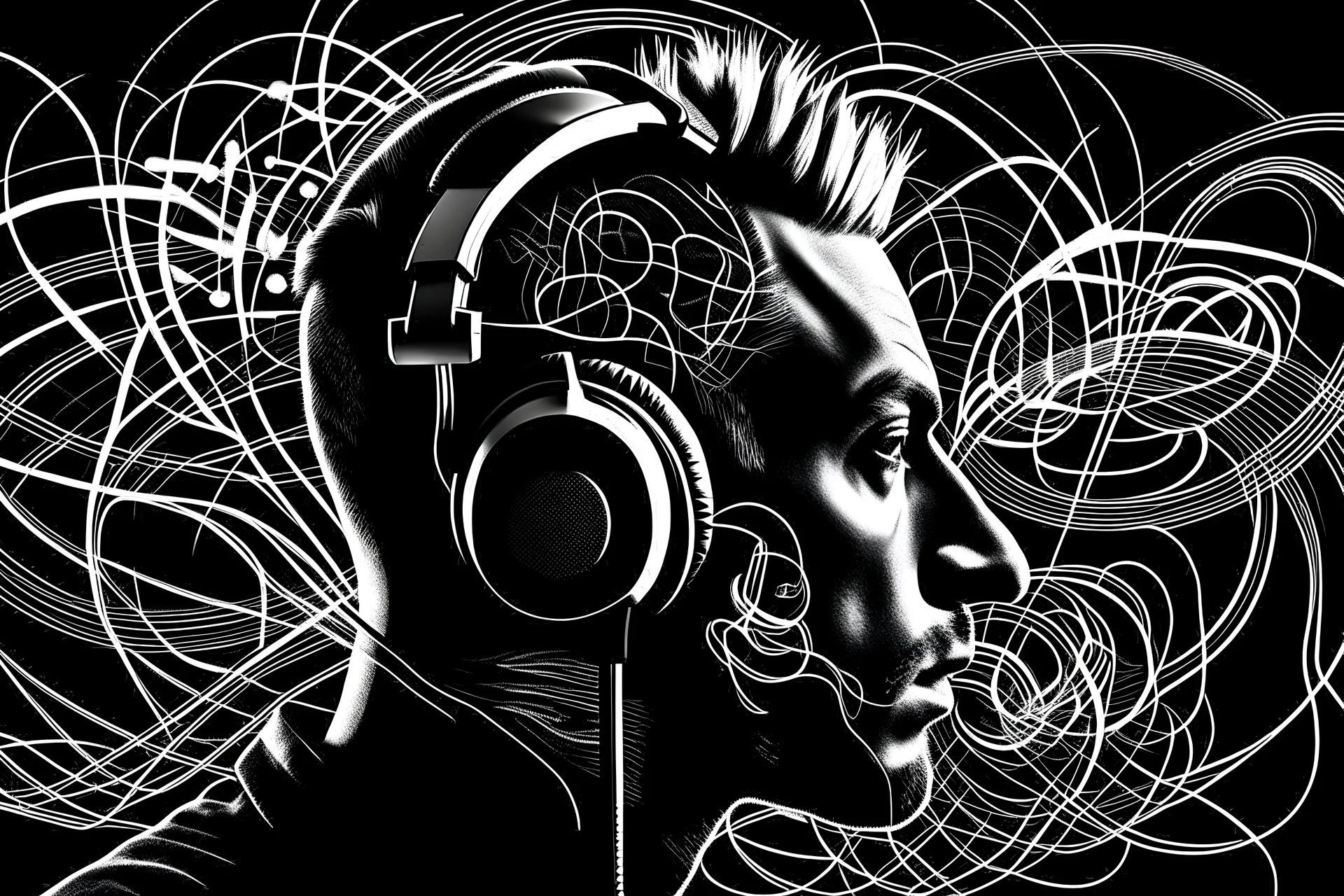 music also functions as punishment for thought crimes/music industry on call around the clock live on demand 24/7. twist: the 1% wirelessly perceive every silent thought. in the style of popular mechanics pictorial/blockbuster film still