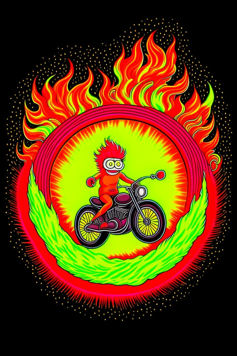 lorax on motorbike jumping through flaming hoop