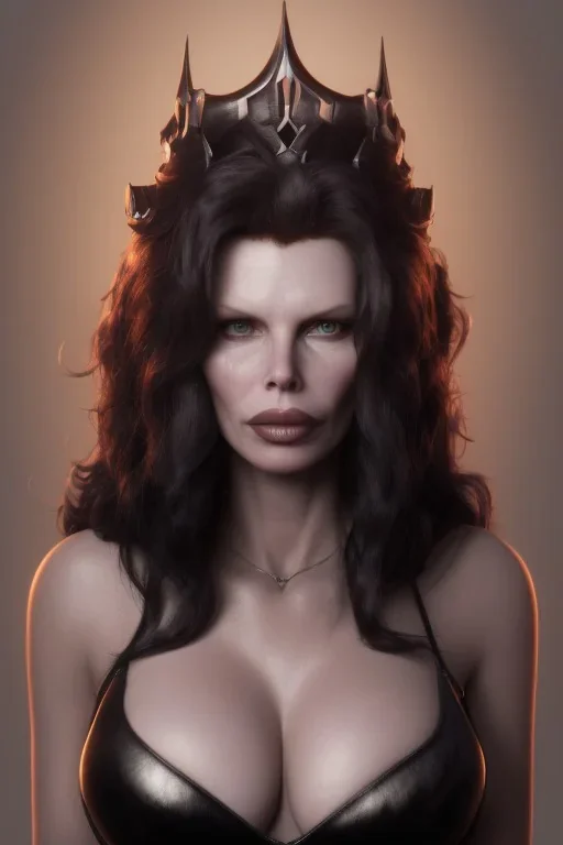 Kim Basinger as evil queen in black leather, busty, cleavage, curvy, angry, happy, stern look. character design by cory loftis, fenghua zhong, ryohei hase, ismail inceoglu and ruan jia. unreal engine 5, artistic lighting, highly detailed, photorealistic, fantasy