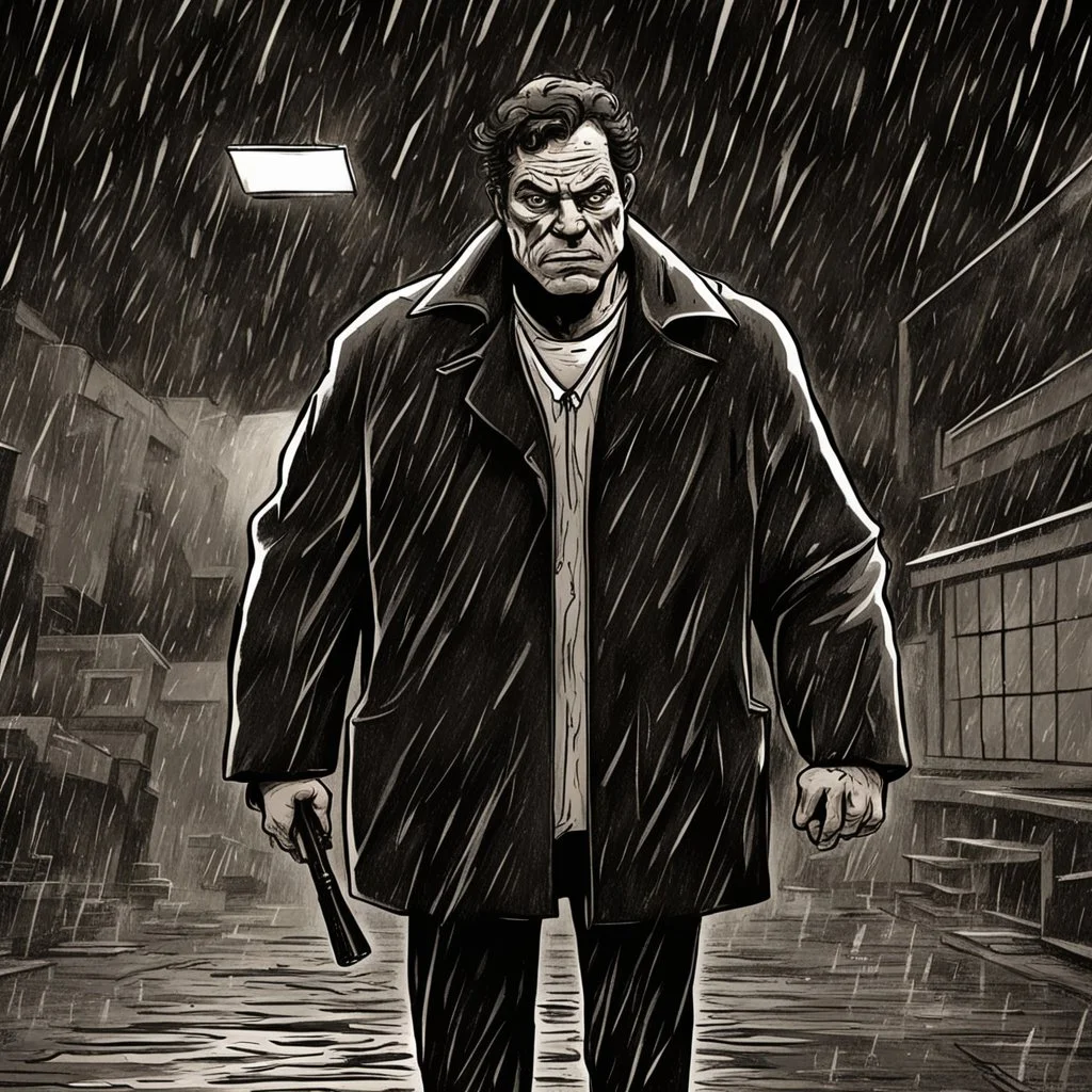 a closeup of a serial killer in a heavy coat during a rainstorm cartoon