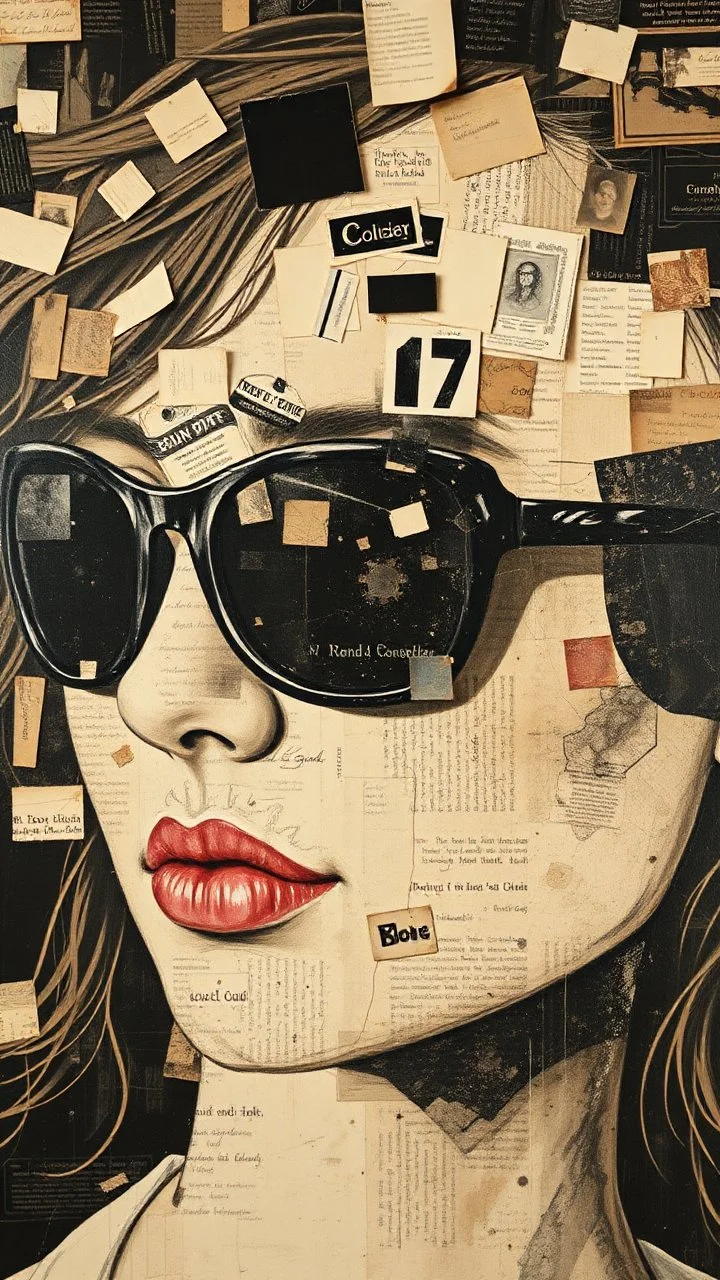 Bosch style painting , A face in details . The texture of the face is a collage of many peace’s of black and white and brown old pictures and newspapers parts sticks on the whloe girls face with black sunglasses in a collage style