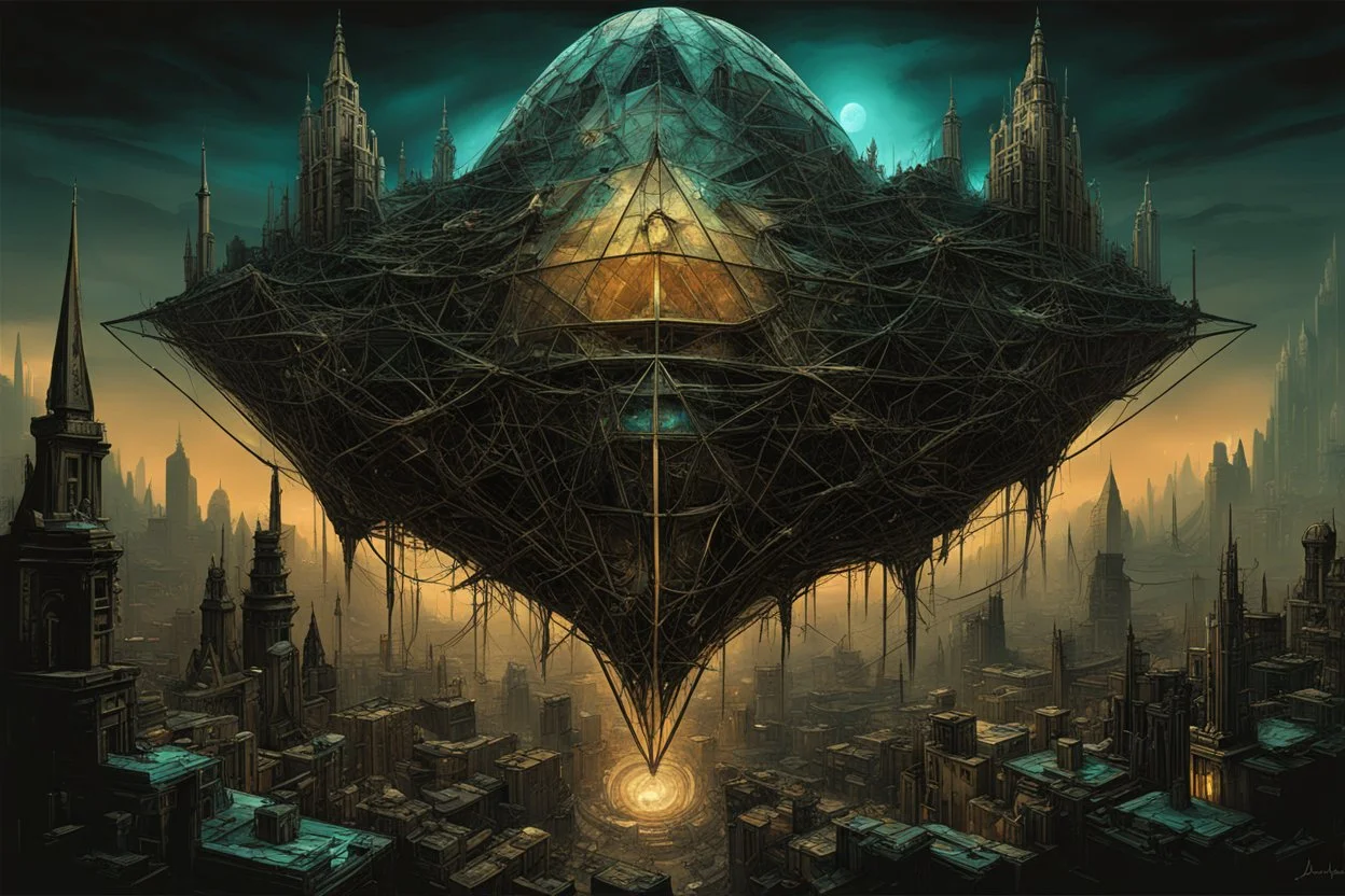 fantastical city juxtaposed against a dark astral chaotic background, vast fantastical city made up of odd geometrical structures, crazy Victor Enrich triangle sphere rhomboid megastructures, surrealist dark noir art deco, by Jeremy Mann, by John Stephens, by Andy Kehoe, dark colors, intricate alcohol color ink illustration, dark cyan-tan dual color, volumetric lighting.