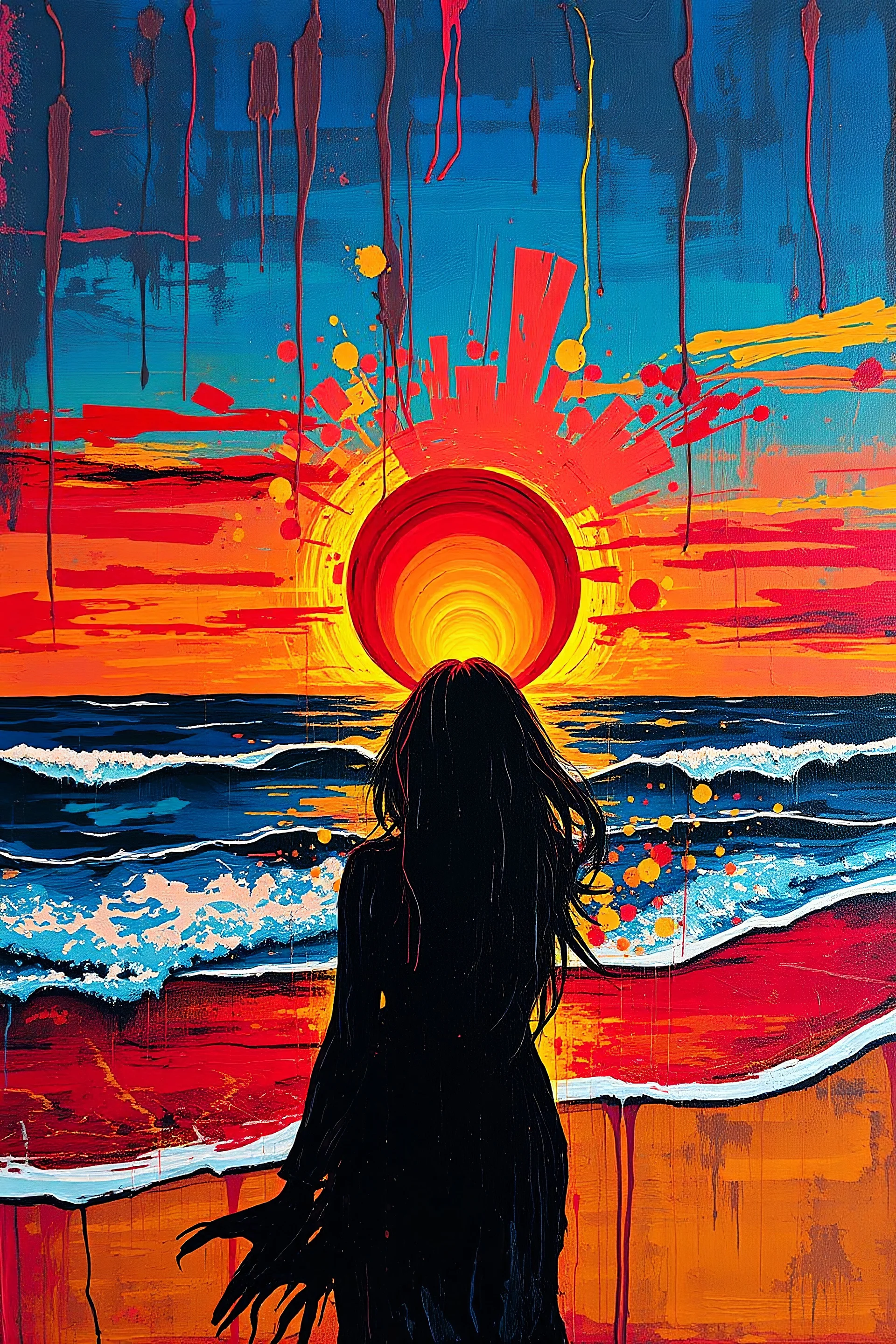 manipulasi torn abstrak a woman hold sun every element is created torn from splashed grunge palette knife applied dripping paint. The rising sun emerges in the sky, formed by vibrant glitching of red, yellow, sunset neon colours paint, blending together. The beach, ocean, and waves are all crafted from paint, with the waves lapping on the shore in flowing, fluid streaks. The scene appears almost 3D, giving a dynamic and textured impression of a sunrise over the ocean, with the bold
