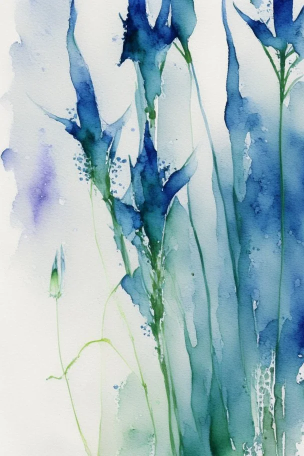 Abstract wet watercolour, blue green stalks delphiniums, not cropped