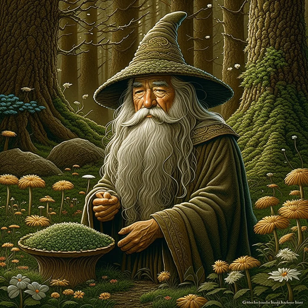 Gandalf, painted, digital painting, 24k, high resolution, highly detailed, cozy, forest with leafs, mushrooms and flowers, smooth, art by JOHN STEPHENS