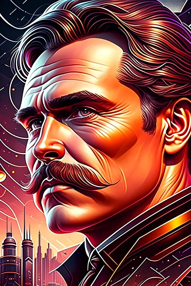 Best quality, masterpiece, ultra high definition,Futuristic, cyberpunk, Friedrich Nietzsche,Comic style