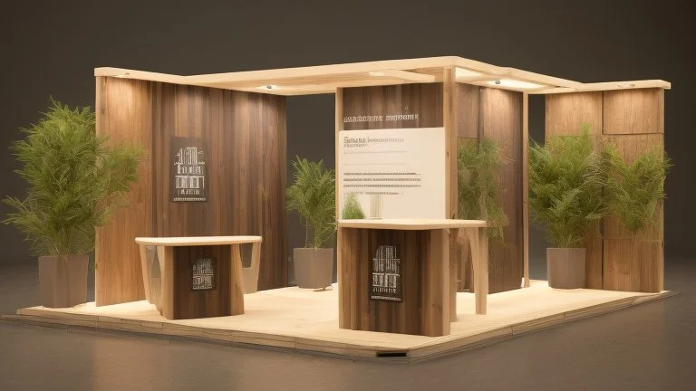 Corner exhibition stand in light colors with wood elements and greenery with two meeting areas