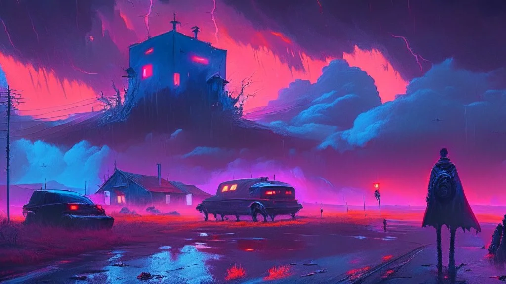 Mysteries of the Forgotten Town, Surreal Science fiction painting, Simon stålenhag, Goro Fujita Nicolas Bruno, Peter Sallesen, Hamish Frater, ominous sky, cyberpunk impressionism meets dark gothic surrealism, gritty horror storytelling art, foreboding, dark neon palette, superb and riveting composition, impeccable symmetry, dark gothic art, neon horror story, analog CRT overlay, post-future survivalism, sci-fi narrative storytelling by Issac Asimov and Frank Herbert