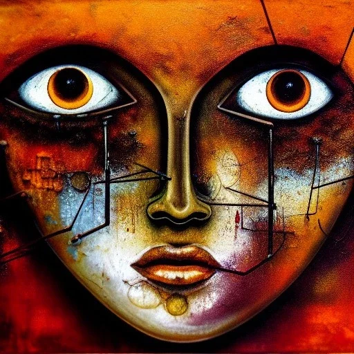 an abstract painting oil in canvas of rusted metal and flowers of beautiful Gheisha , rust, scaffolding, iron cladding, decay, mixed media, textured, anatomically correct, beautiful perfect face,beautiful perfect sad eyes, sharp focus, highly detailed, masterpiece, realistic, intricate detail, sci-fi fantasy style, volumetric lighting, particles, highly detailed ,cinamatic , deep colours, 8k, by Caravaggio , signed YAK