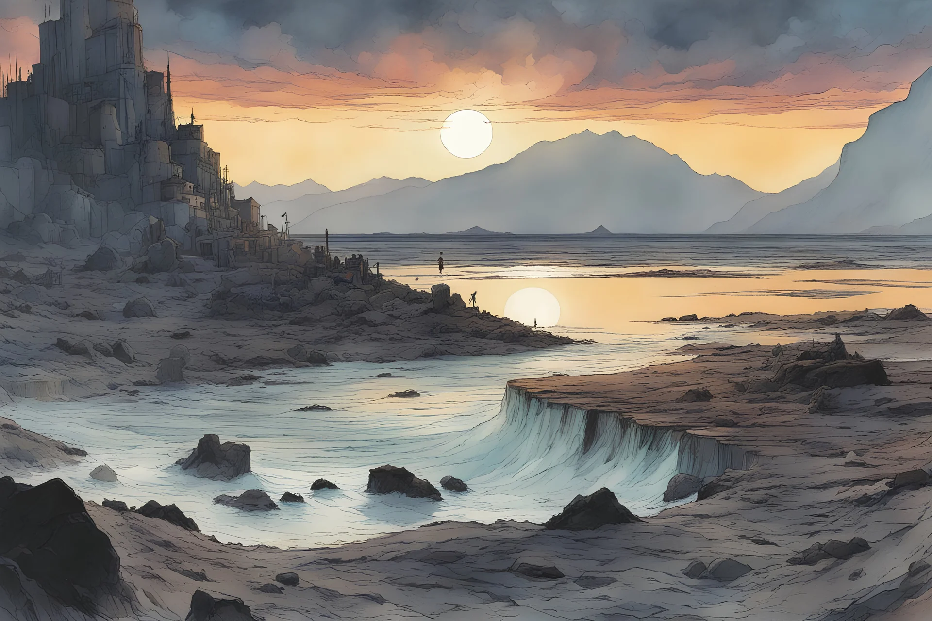 Wall of water, splitting Red Sea, fantasy style. A soft-focus image of the golden sunset casting a warm glow, create in inkwash and watercolor, in the comic book art style of Mike Mignola, Bill Sienkiewicz and Jean Giraud Moebius, highly detailed, gritty textures,