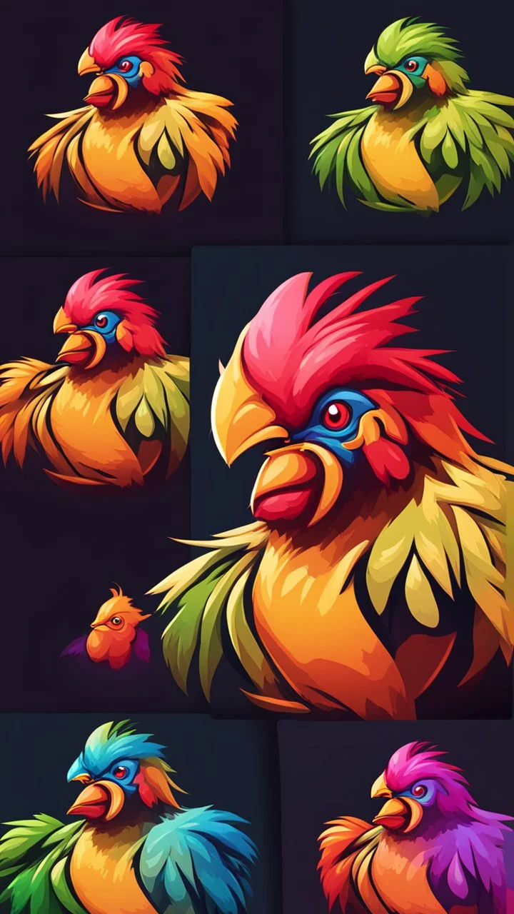 Create a bold and vibrant gaming logo featuring a chicken, with a dynamic composition, bright colors, and dynamic lighting