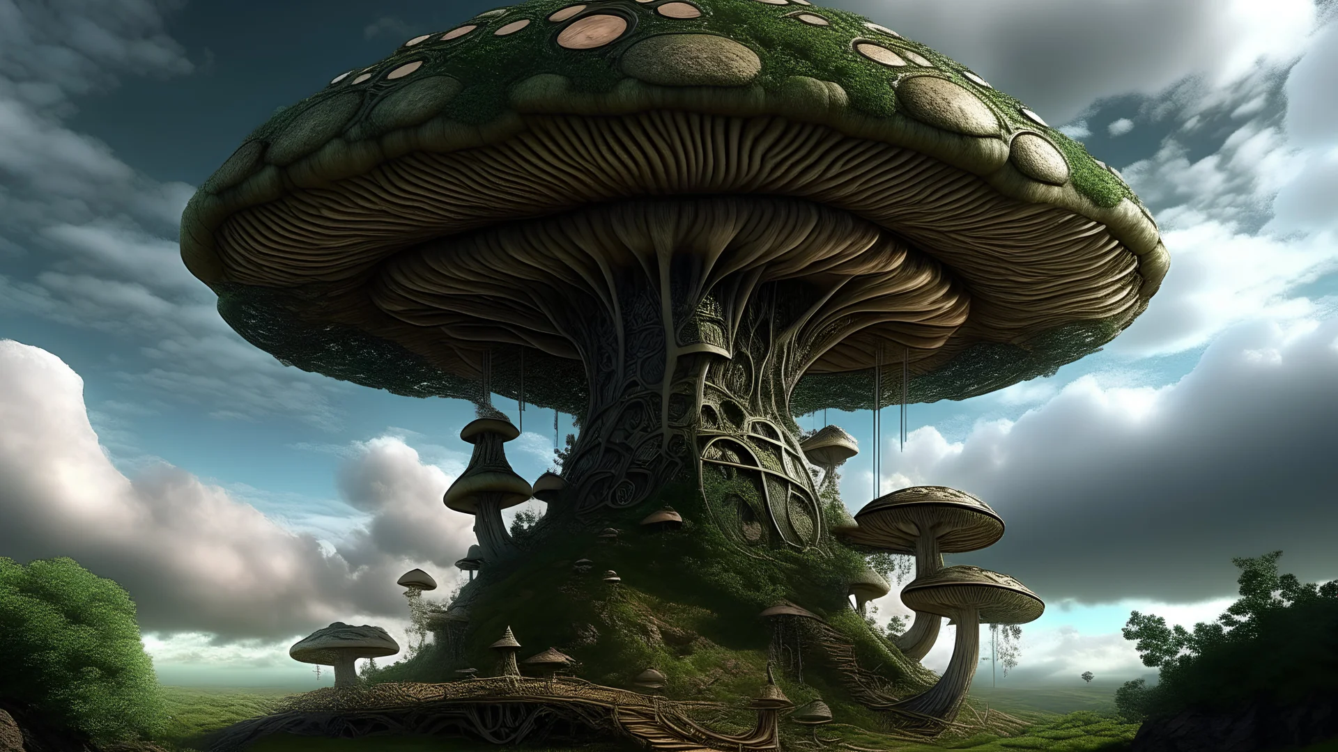 A massive, fantastical mushroom-like structure with intricate, organic shapes and textures, rising from a lush, forested landscape against a dramatic sky