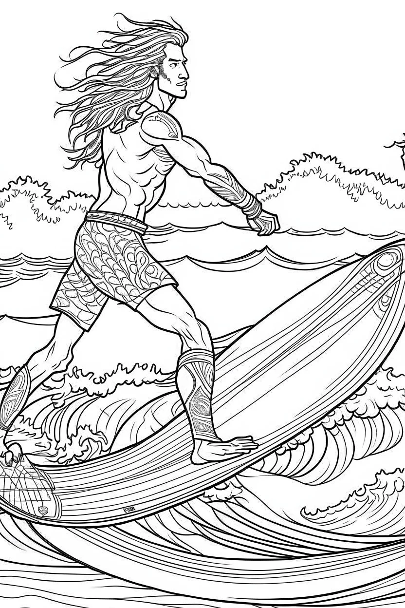 Outline art for coloring page OF A BUFF SURFER WITH LONG CURLY HAIR WITH HIS BACK TO US WEARING SHORTS RIDING A WAVE IN HAWAII, coloring page, white background, Sketch style, only use outline, clean line art, white background, no shadows, no shading, no color, clear