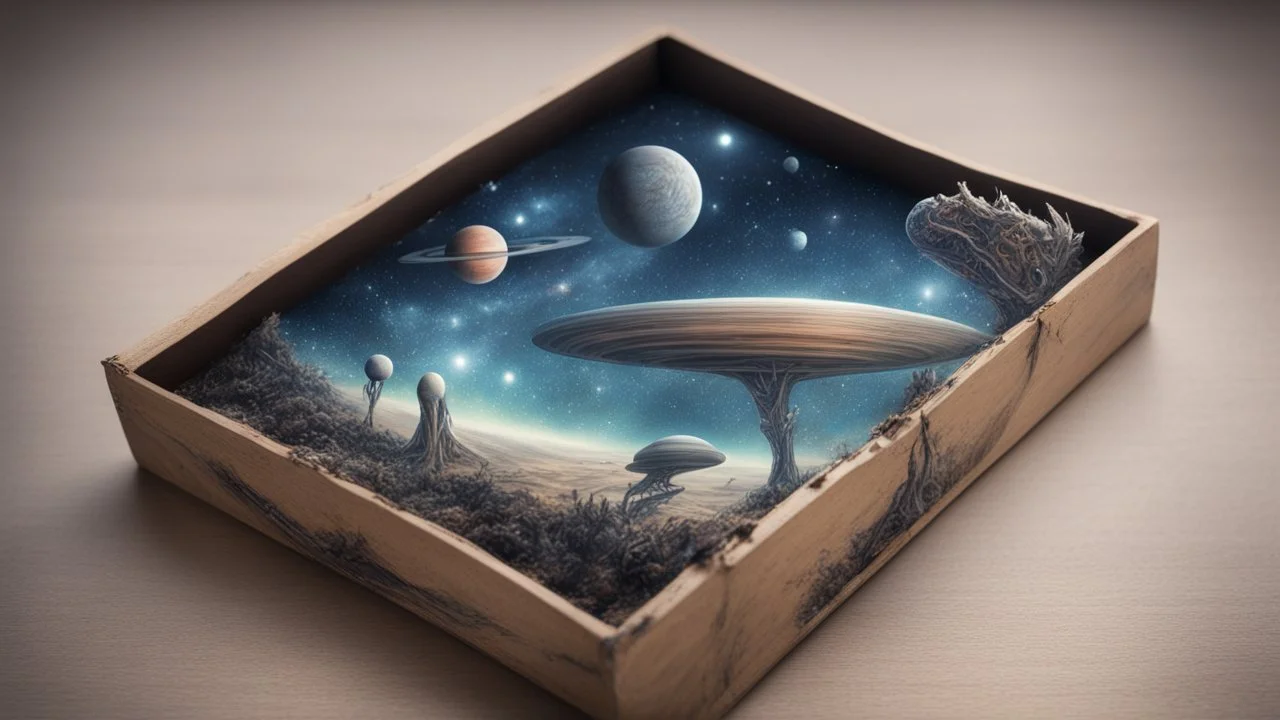 a box 10 cm long by 5 cm wide and 25 cm high, drawn on a box on all sides, space, aliens, tress and more beautiful, very realistic