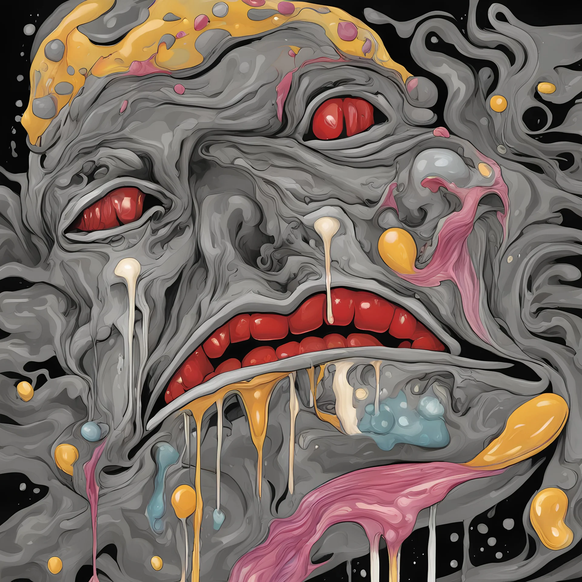 Surreal digital illustration of only a floating mouth that is puking out a psychedelic love spell, spilling from the large pair of cartoonist , overexaggerated lips, manga inspired, absurdist, postmodern, only black and grey color palette, crude, fluid acrylic paint, epoxy resin , acrylic pour, unusual colors, trippy, gross, abstract, pulp fiction art style illustration, realvsx