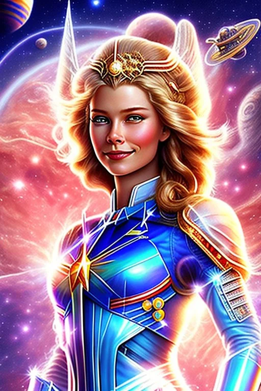 cosmic woman smile, admiral from the future, one fine whole face, crystalline skin, expressive blue eyes,rainbow, smiling lips, very nice smile, costume pleiadian, Beautiful tall woman pleiadian Galactic commander, ship, perfect datailed golden galactic suit, high rank, long blond hair, hand whit five perfect detailed finger, amazing big blue eyes, smilling mouth, high drfinition lips, cosmic happiness, bright colors, blue, pink, gold, jewels, realist, high commander