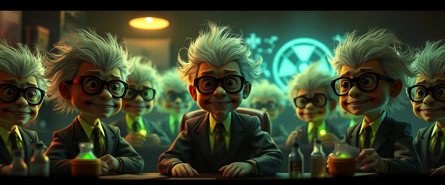 high class realism, the board in the style of fallout 4, A close up portrait of one person in group of mutated with hairy wigs glowing, cartoonish uranium creatures in a dimly lit boardroom, wearing tiny suits and glasses, with playful but slightly mischievous expressions. Their bodies emit a soft greenish glow. The room is filled with scattered papers, glowing vials, and miniature nuclear reactors. Style: whimsical digital illustration, cinematic lighting, colorful, slightly exaggerated feature