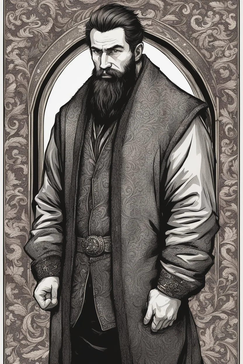 man, medieval, fighter, russian, croocked nose, czar, rich, simple clothes, short messy hair, thick beard, oligarch, leather coat with fur, brocade clothes, pencil drawing, black or red hair, muscles, background frame, 28 years old