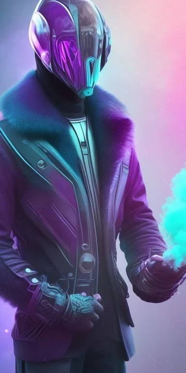 purple galaxy masked super villain, weapons in hands, teal and purple smoke, full portrait, hyper realistic, 4k