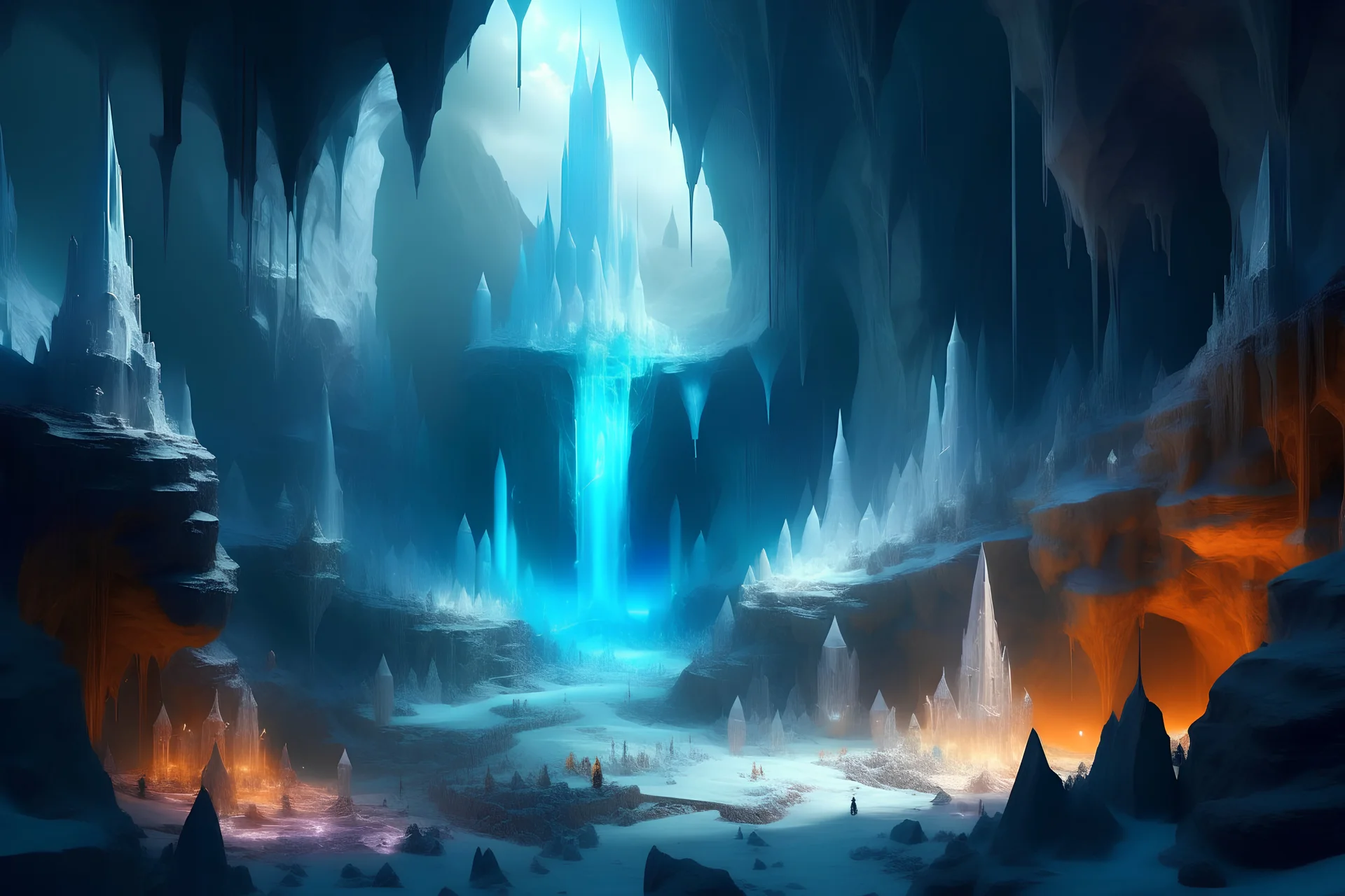 fantasy landscape of a huge cave filled of giant cristals and with some mineshafts,
