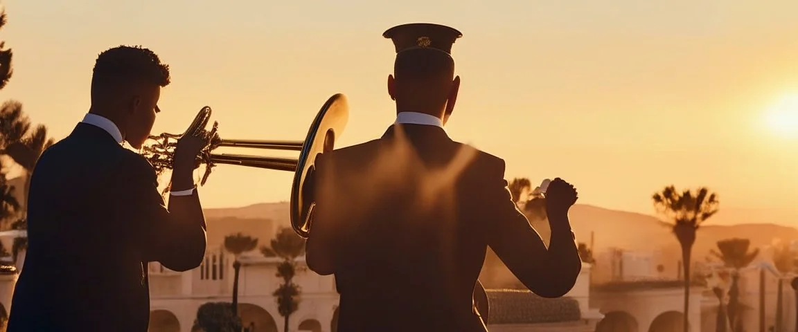 panoramic ,brass orchestra playing outside a beverly hills style mansion, exterior photography of a romantic and bright house, 8k, ultra HD