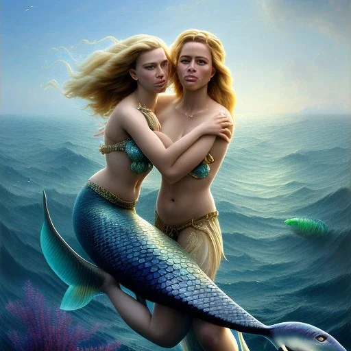 A beautiful portrait of a fusion of Scarlett Johansson and Reese Witherspoon as a mermaid , leaning on a ships deck ,Rough sea in the background, a shark,snails, seashells (digitall art by Eugene de Blaas and Ross Tran, vibrant color scheme, highly detailed, in the style of romanticism, cinematic, artstation best quality, realistic lighting, masterpiece portrait, details light dusting , cowboy shot from above, simple chain hauberk Vector art digital illustration 3D shading )