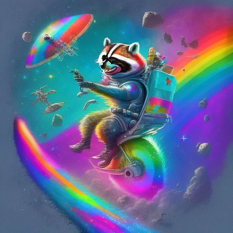 A raccoon astronaut riding a rainbow bike on a mission to gather space trash, jumping over asteroids as he goes.