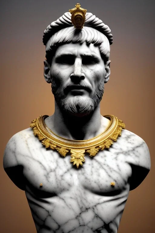 Realistic image, Roman sculpture made in white marble with gold veins, Lionel messi with gold laurel leaves crown, decorative star on the chest, waist up portrait, marble material, gold ornaments, Baroque style, sun rays background, epic, celestial, cinematic lighting, God lights, 4k resolution, smooth details, soft lighting, unreal engine 5, art station, substance 3d.