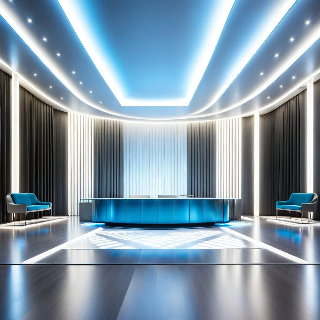 beautiful dance stage with no dancers in luxury modern hall dynamic lights, modern furniture light blue & gray theme