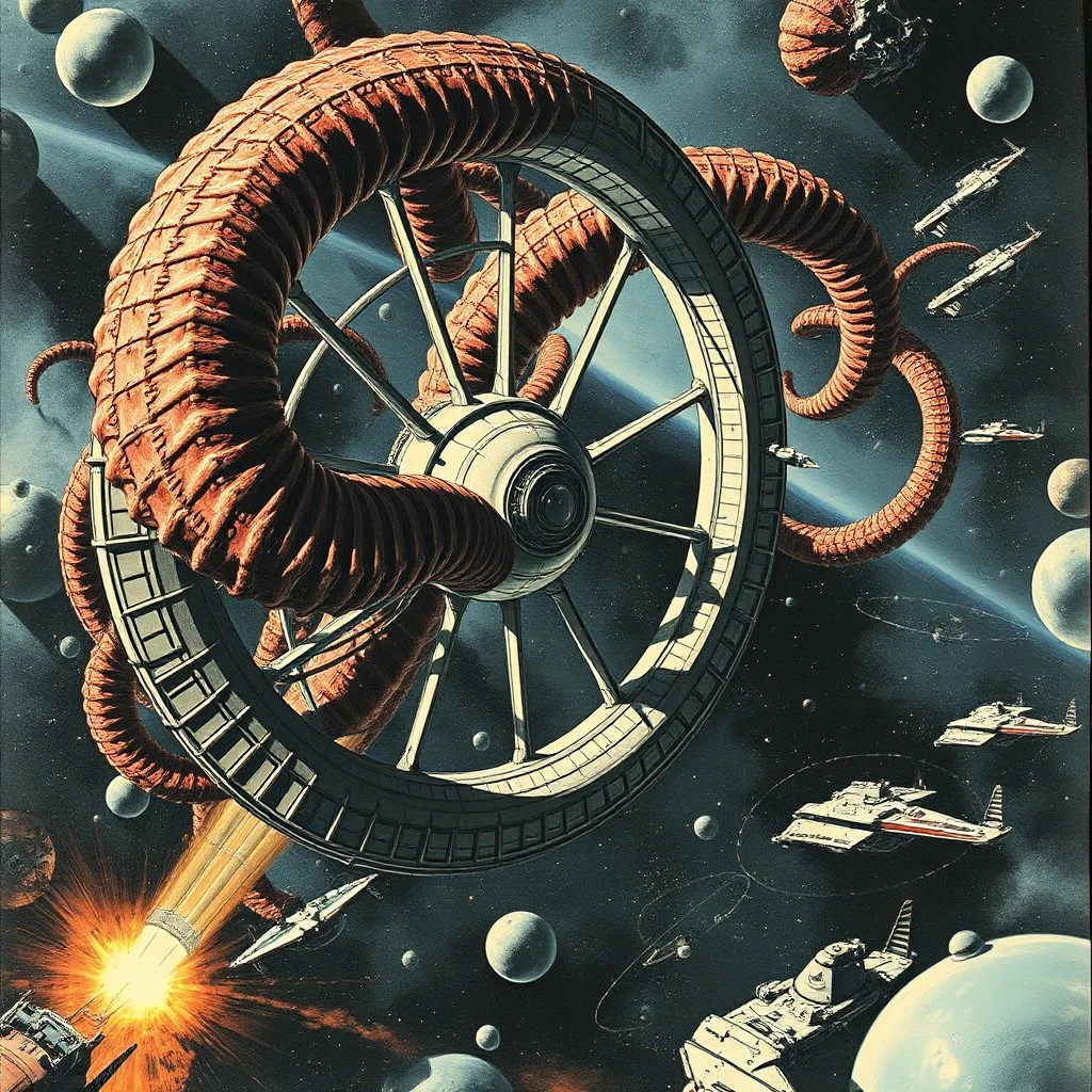 sci fi dramatic scene, a spoked ring space station being attacked by a colossal Lovecraftian tentacle creature wrapping its biomechanical tentacles around the space station outer ring, smaller space ships circle the scene, grand, expansive, intricate detail, Syd Mead and H.R. giger space opera aesthetic, cosmic sci-fi illustration