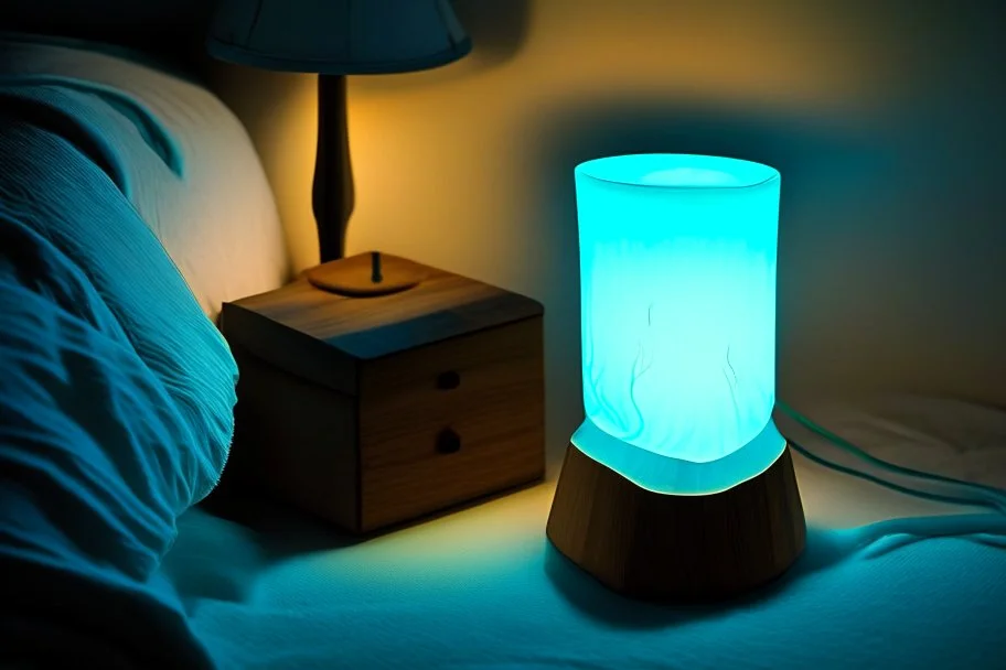 bioluminescent tyffany lamp on a wooden nightstand