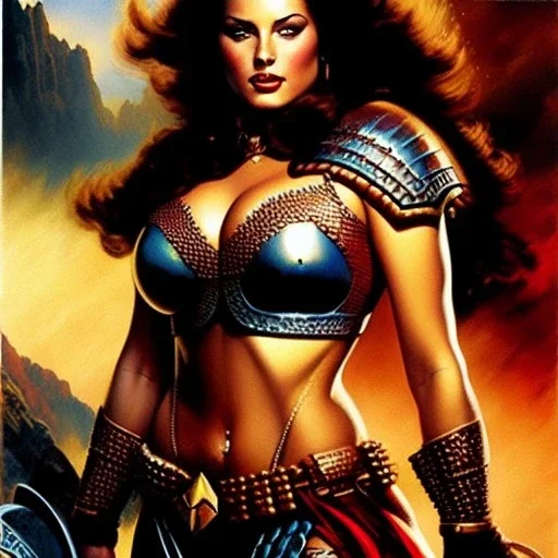 portrait oil on canvas, beautiful busty Female Warrior, minimal armor,comic book cover, mystical colors,insanely detailed,realistic,intrincate detail, 16k resolution, masterpiece,Frank Frazetta,Alex Horley, Simon Bisley,