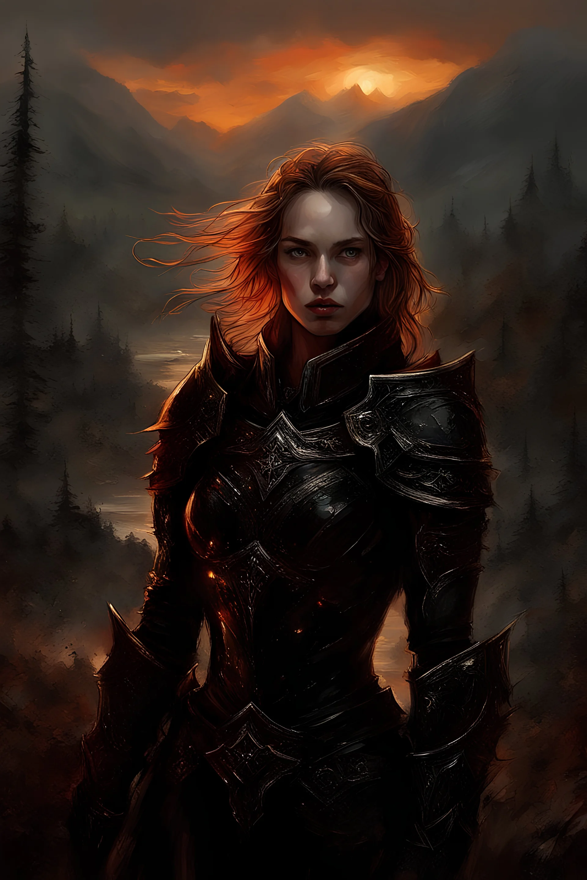 A formidable warrior girl in black armor, on the background Amazing gloomy landscape, flooded with sunset, mountains, trees, fabulous scary hero, , juicy emotions, painting, dark fantasy, gloomy day, dark world, portrait, by James Paick & Anna Razumovskaya