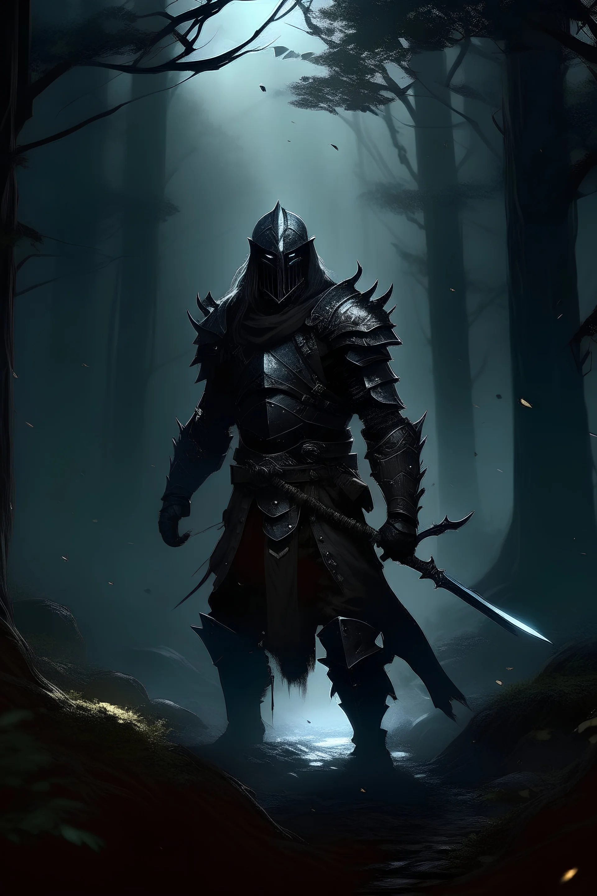 a dark hero charachter, wearing a dark mythic armour, sci fi weaponsied, with swords and guns, walking through cold and windy forest region, dramatic,