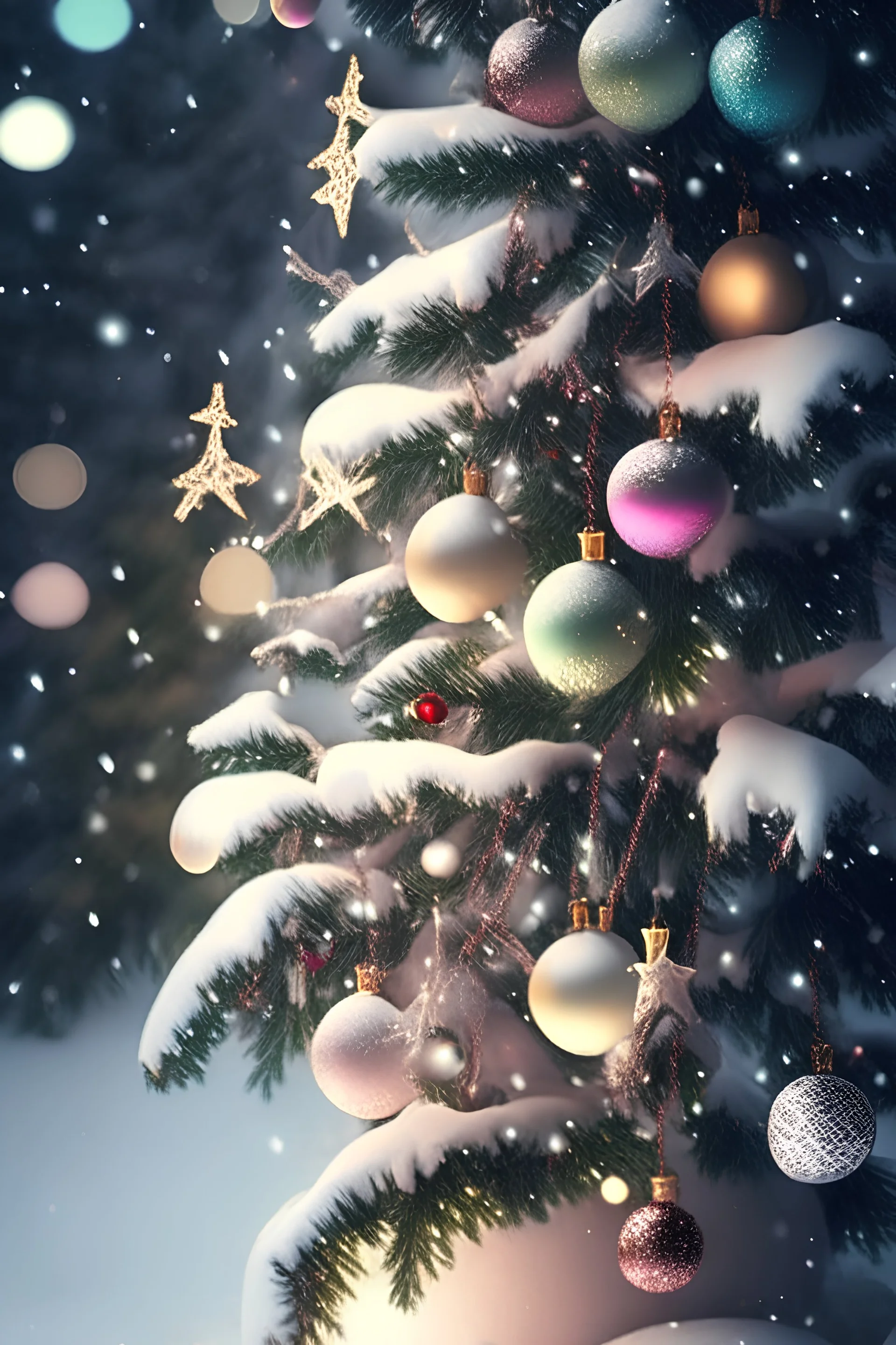 A christmas tree , decorated , lights , balls , bows , in the snow , soft colors , full picture