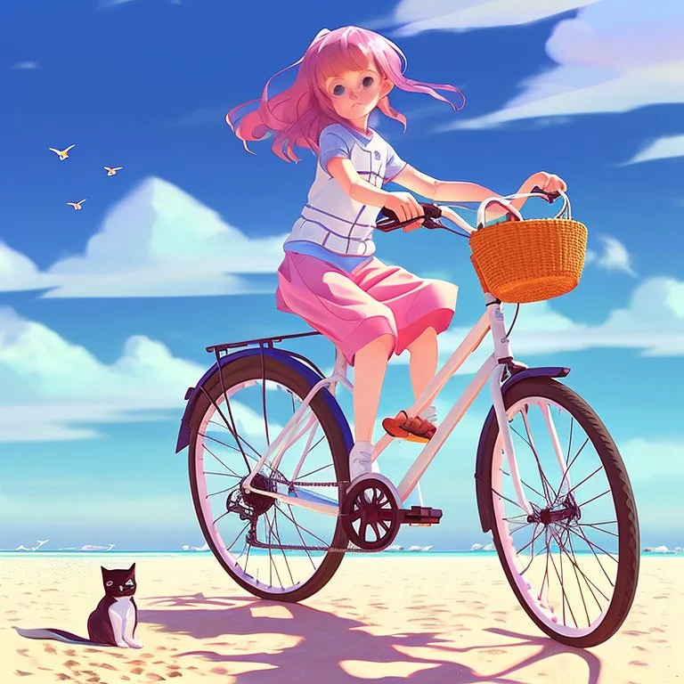 A girl is riding a bicycle on the beach. His cat is sitting in the front basket of the bicycle. Spring flowers can be seen everywhere. Beautiful blue sky with white clouds - kites in the sky. sense of peace. digital art, anime, 8k, full details, colorful, high resolution