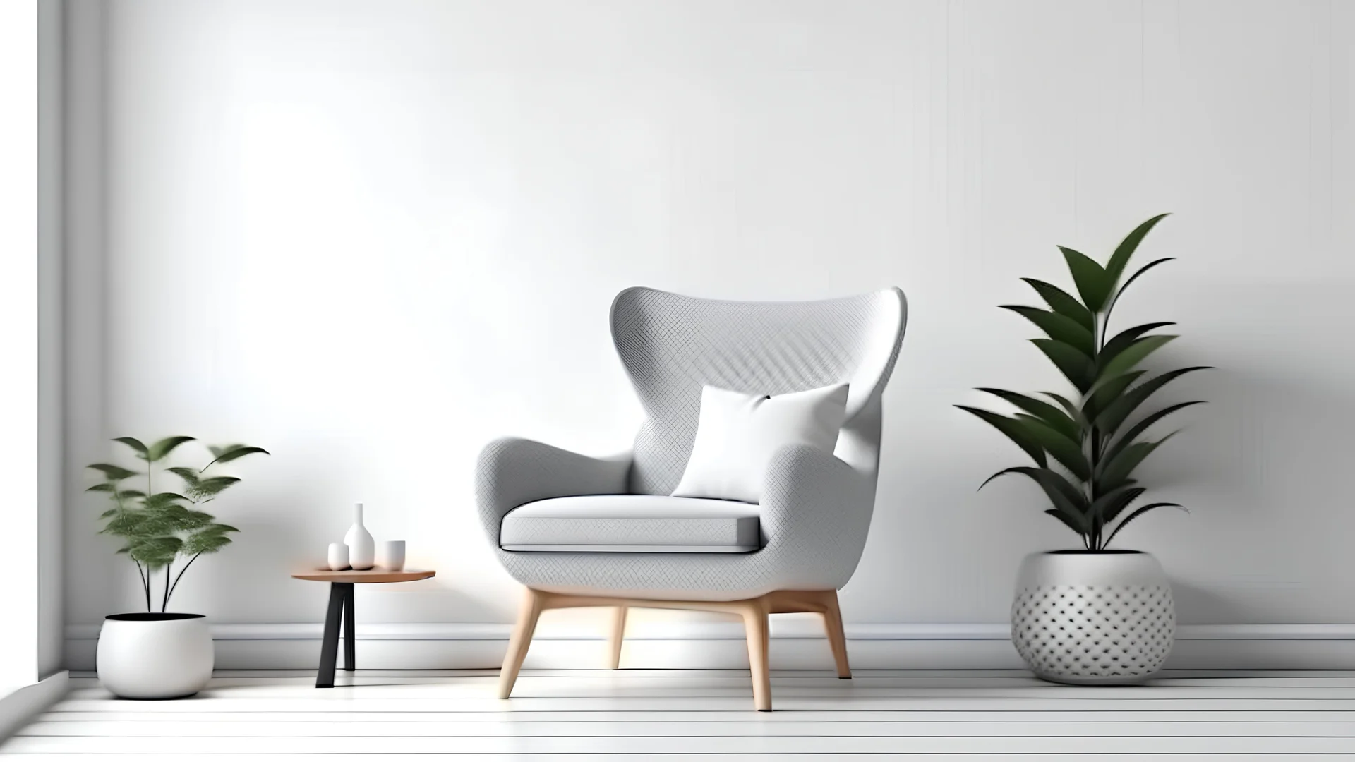 Scandinavian living room with gray armchair on empty white wall background. 3d rendering