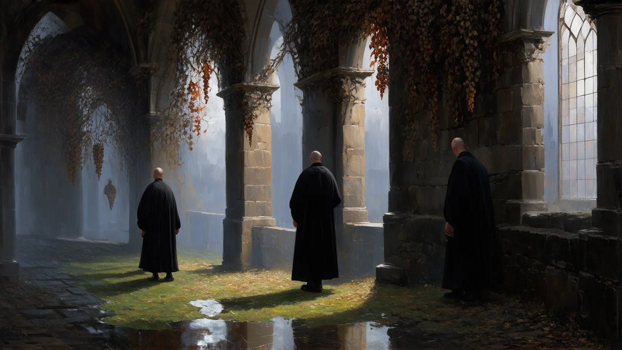 Medieval ruined cloister, Gothic arches covered with wild vines with dried blood-colored leaves, ripe grapes hanging over ancient stones, solitary monks in worn habits wandering between moldy columns, twilight light passing through broken stained-glass windows, puddles reflecting the gray sky, atmosphere of romantic decadence, contemporary Gothic painting style