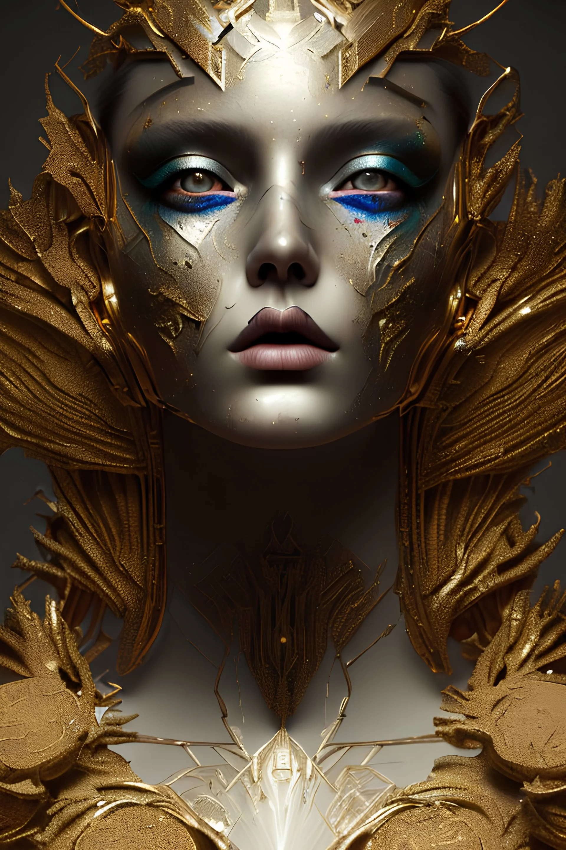 papercut 3d portrait of young woman, dark fantasy, beautiful, dark eyes, dark make up, streaks of paint, paint blobs and smears, paint powder, textured, bronze, molten metalics, wild hair, high definition, octane render, 8k, backlit,