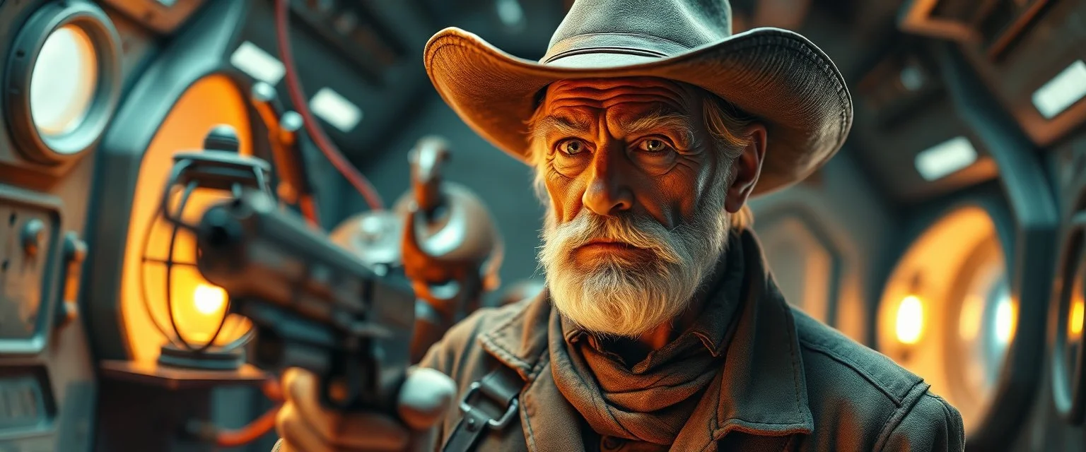 gritty air brush 3d with pen outline,seasoned handsome gunslinger western fluffy elder edgy hero with slightly glowing eyes and nudged skin in front of glistening space lobster dog, shallow depth of field, warm lantern, pin hole cam in doll house space ship, bottom floor board edge border