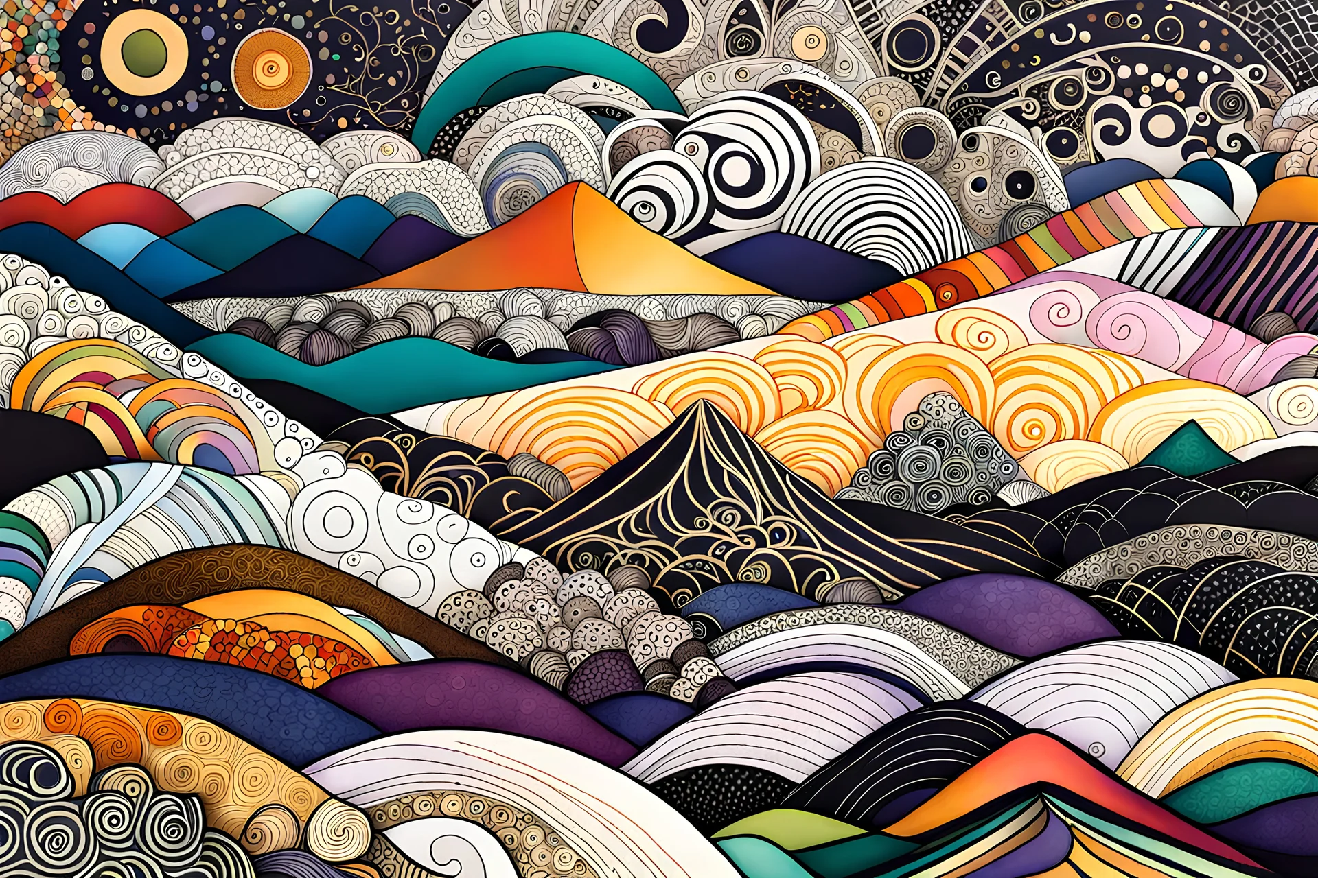 random color Zentangle patterns in the styles of Gustav Klimt ,Wassily Kandinsky, Paul Klee, and Kay Nielsen that depict a lofty mountain landscape