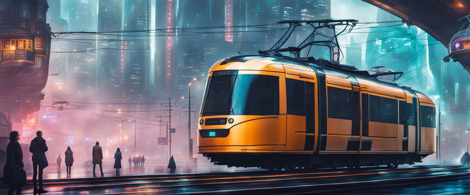 Beançon city view in fantasy cyberpunk style with famous tram