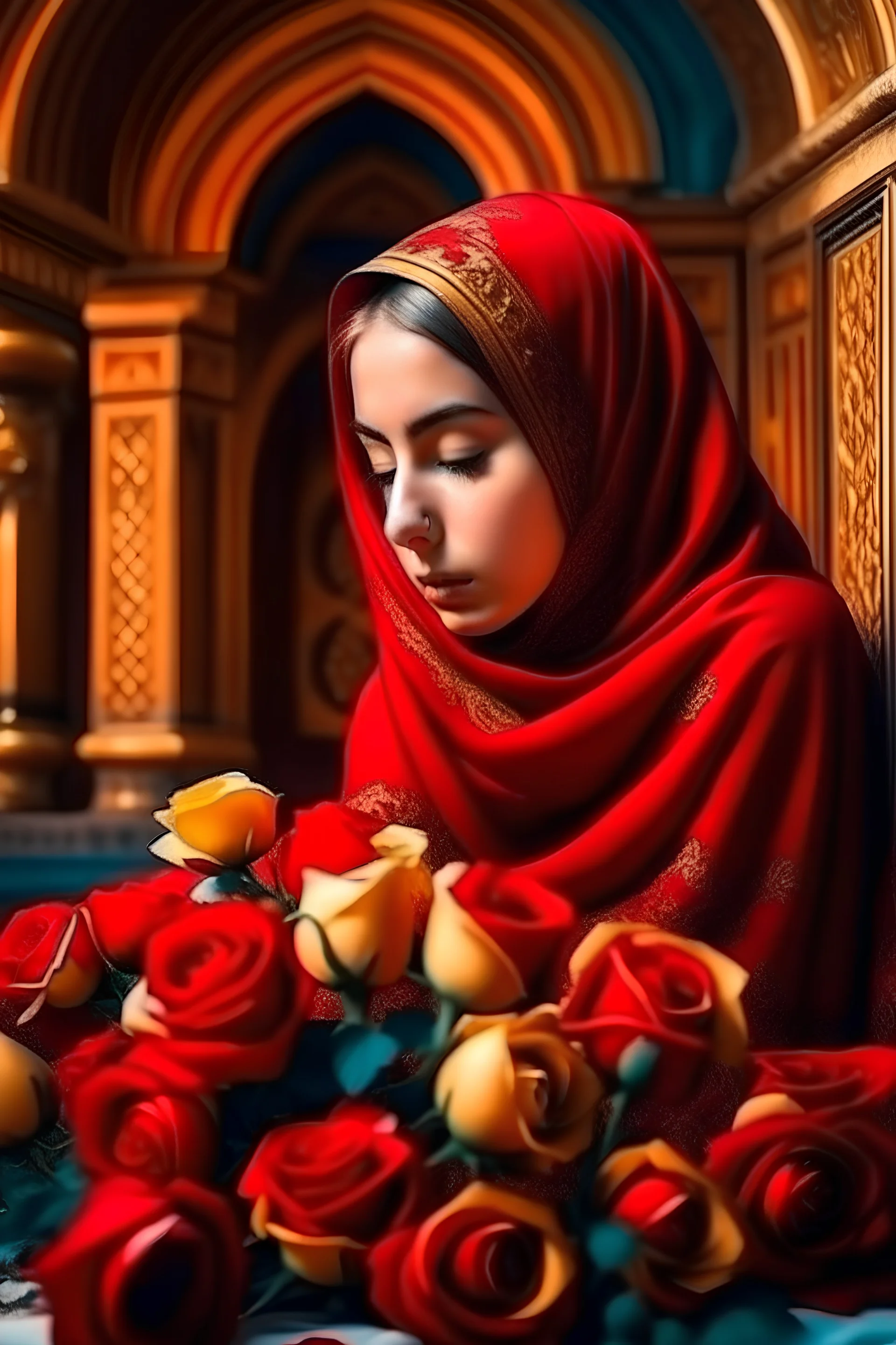 gadis cantik berhijab berpakaian mawar merah bersimpuh di depan makam golden light