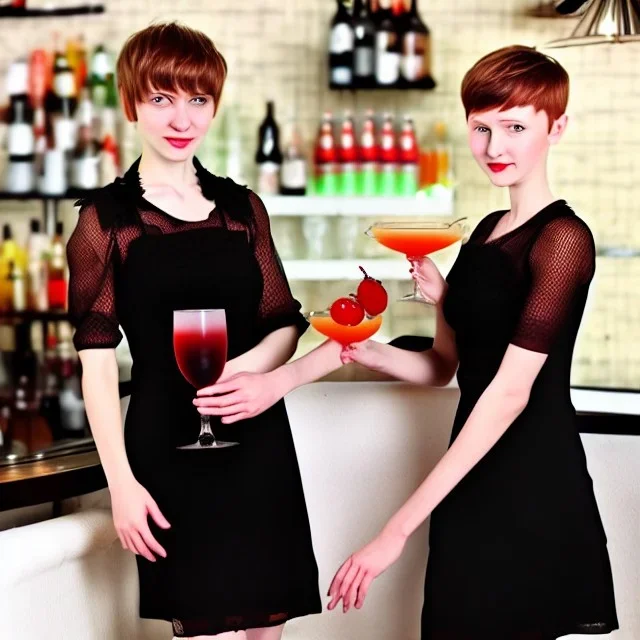 Russian guy young wife boyish boylike short man's haircut men's face boyish features in black girlish lacy cocktail dress as mother in restaurant