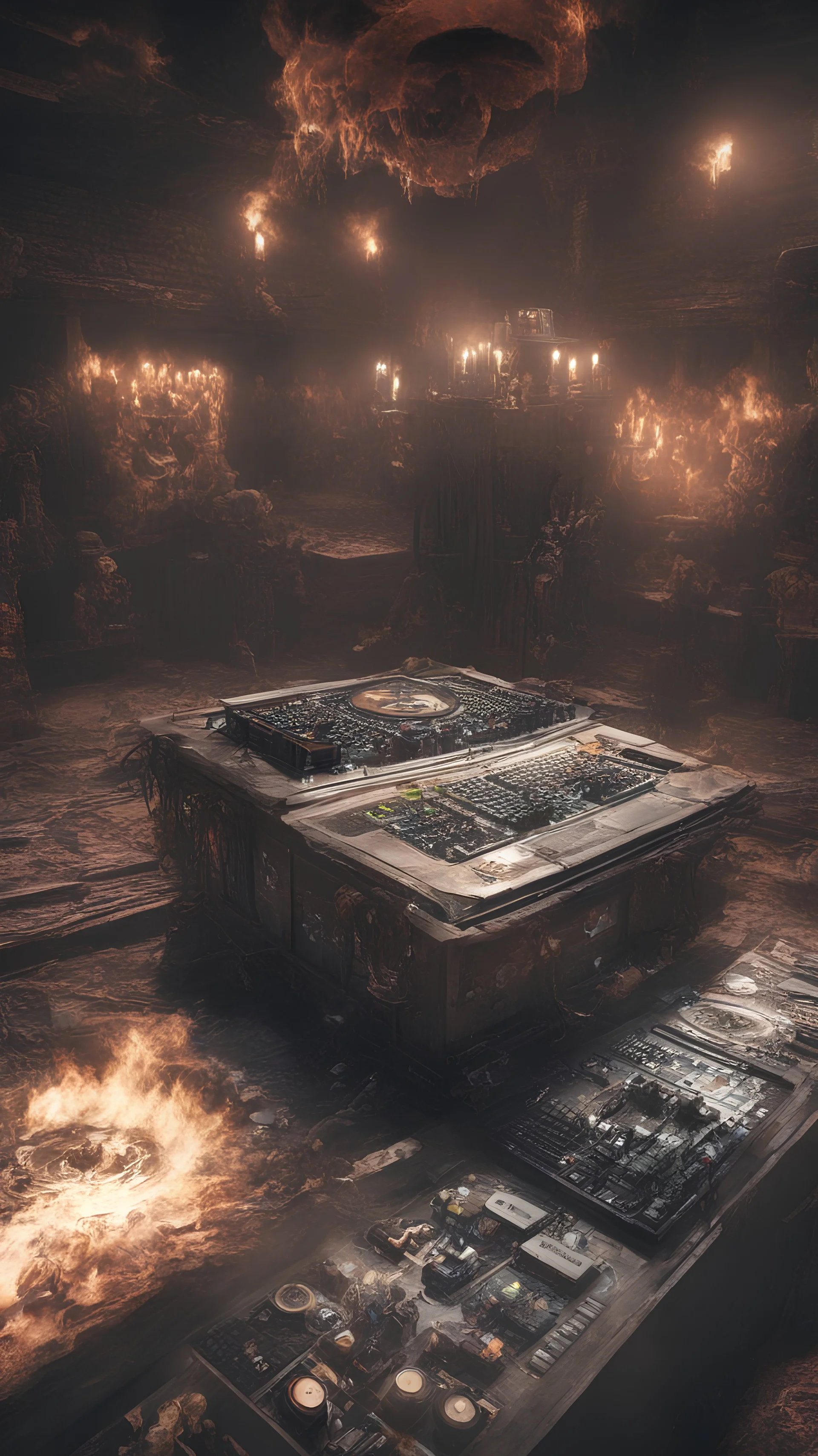 DJ of the damnded, insanely detailed DJ booth in hell, MID set, speakers and equipment made of bone, anatomically correct, add more skulls in th audience, photorealism, vray, 8k 3d https://stablecog.com/generate?o=a67b60e0-edd2-418d-9744-d1d585055d7fv https://stablecog.com/generate?o=93026b00-ac6b-436a-bc57-6aa04073d4a9