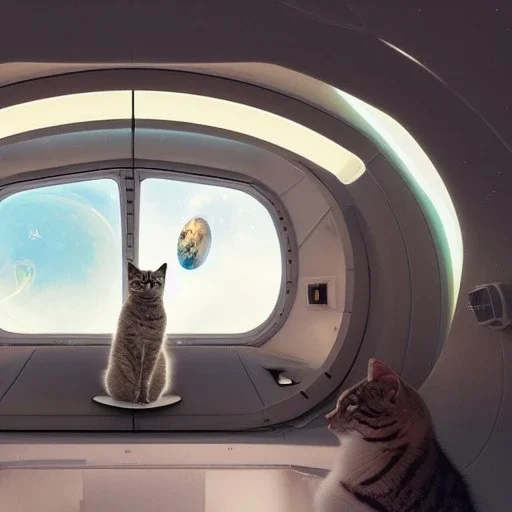 cat inside spaceship looking at floating astronaut and milkyway, hyper-realistic 8k resolution, high-quality, fine-detail, detailed matte, intricate, 3D octane render, illustration, digital art, brian froud, howard lyon, anna dittman, greg rutowski,