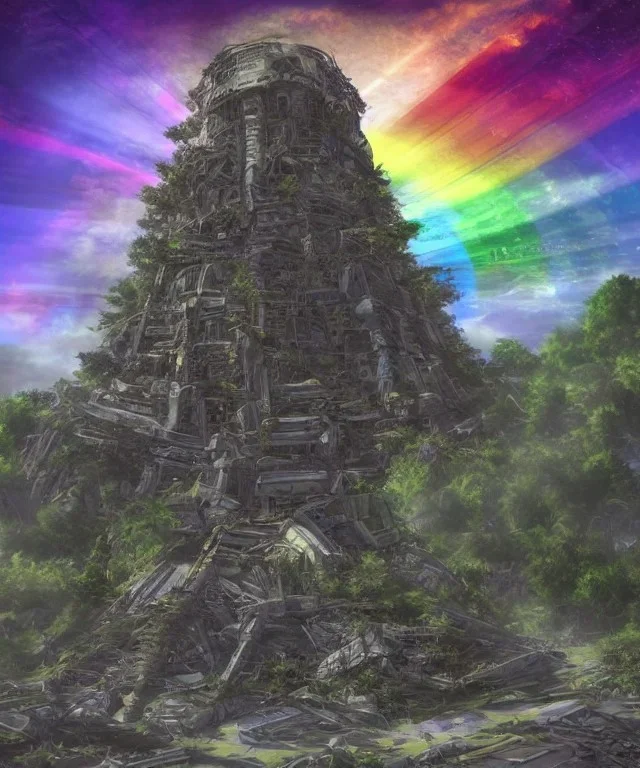 Seraphic angelic holy tower pagoda mothership starship photorealistic colorful rainbow sky massive tree canopy light beams birds flying futuristic rusty destroyed mechanical astral one ghosts poltergeist haunt mechwarrior transformer ninja samurai sword gundam alien abandoned wreckage in old battlefield blast crater on the lunar surface ancient pyramid temple urban ruins trees plants vines ferns palms